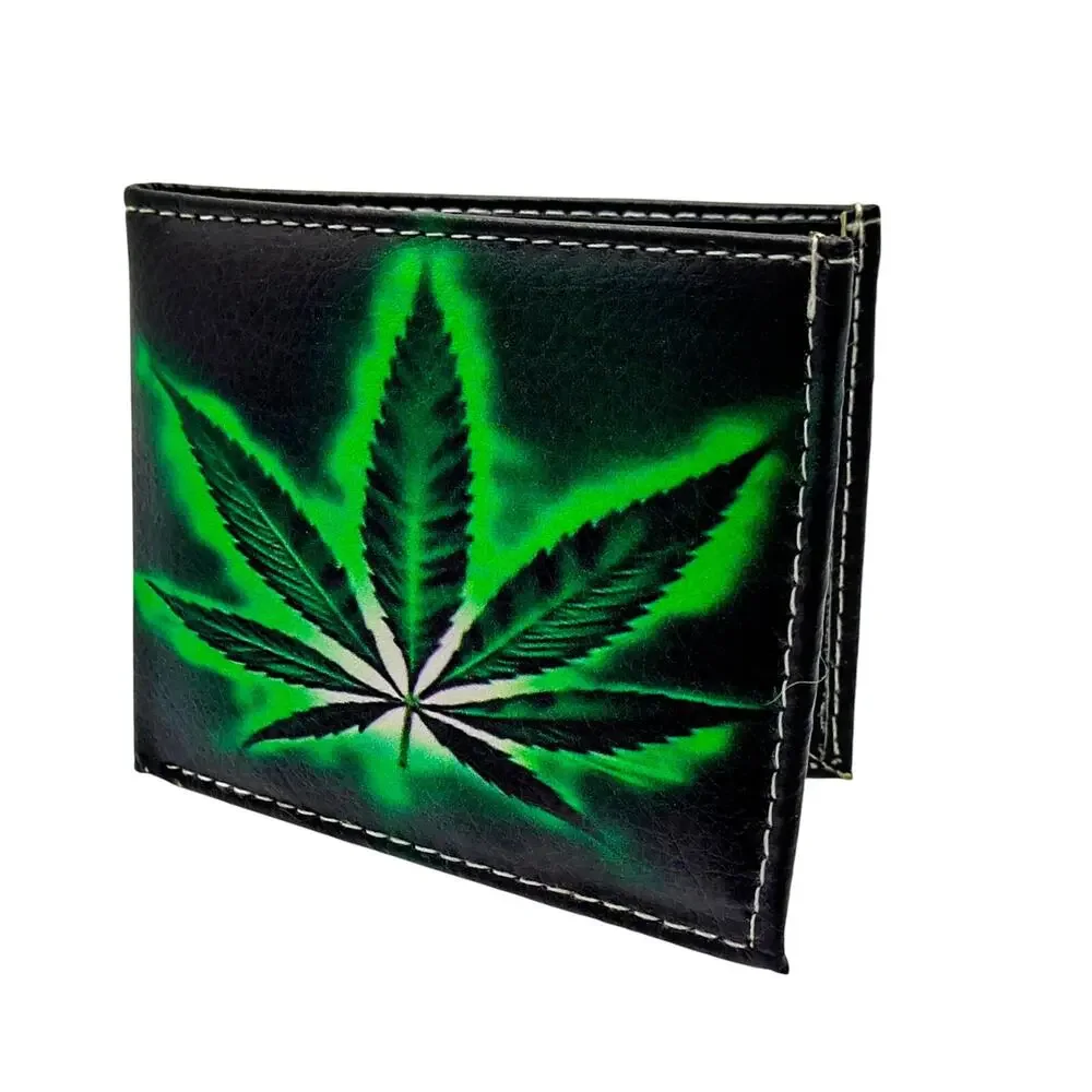 Handcrafted Men’s Full‑Size Wallet Vegan Leather, Bold Cannabis Leaf Print